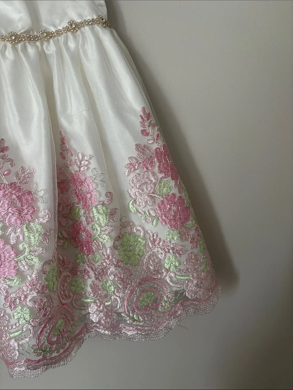 American Princess White Formal Dress with Pink & Green Floral Embroidery